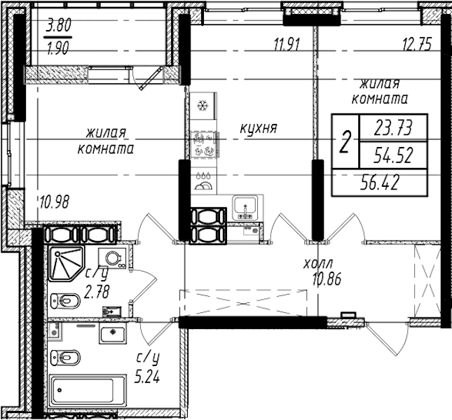 2-комнатная квартира 56.42 м², 21/25 эт., ЖК «Северная Долина»